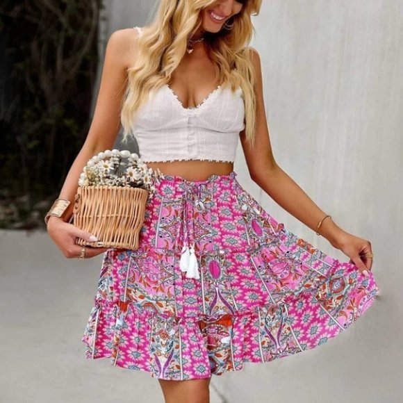 Pink Paisley Ruffle Hem Mini Skirt - Picture 2 of 6